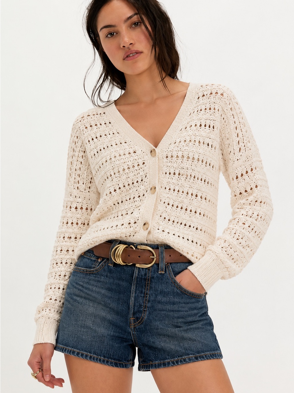 222. Cream Open-Knit V-Neck Button Cardigan Sweater